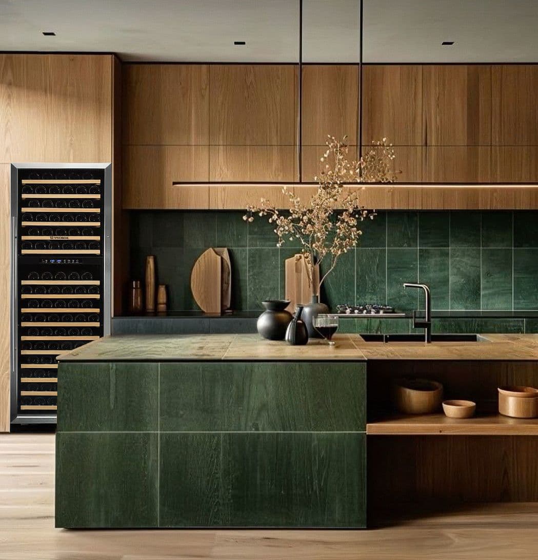 Vinobox 168 Grand Cru with stainless steel door in a modern kitchen with green tones