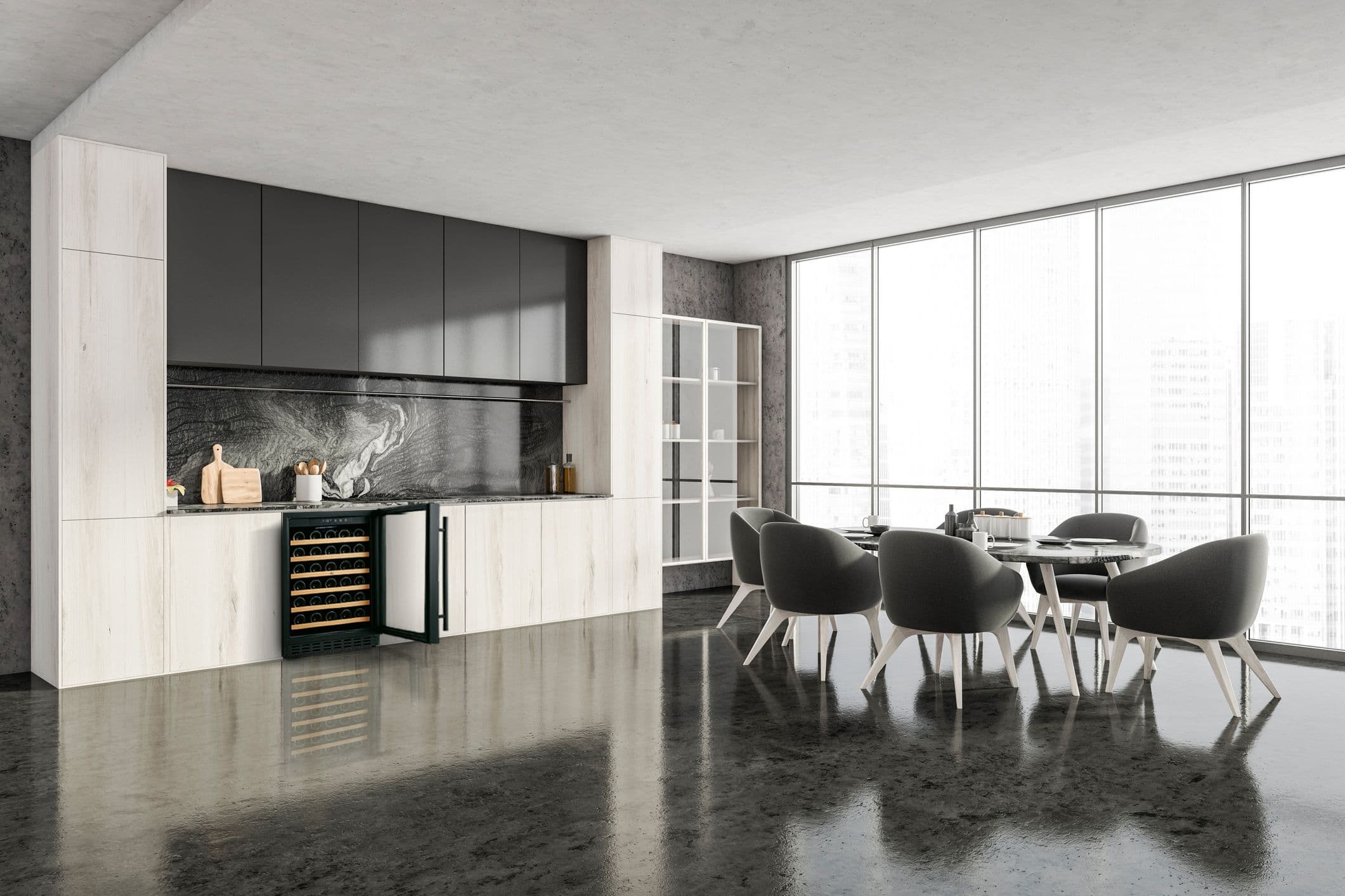 Vinobox Grand Cru 50 in a modern high rise condominium with dark tone